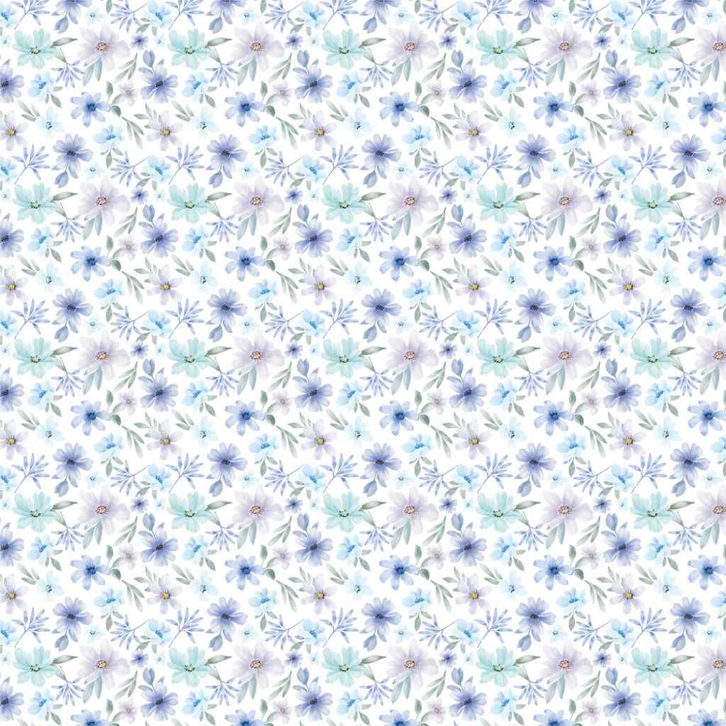 Front of Uniquely Creative Heart & Soul Choose Joy 12x12 paper with an all-over blue, lavender and pale green floral pattern on white.