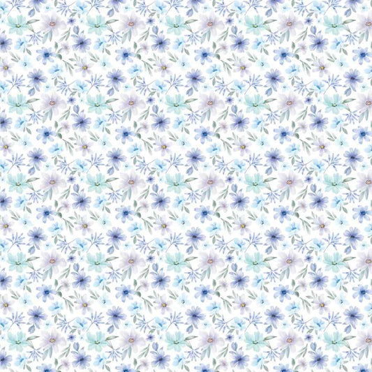 Front of Uniquely Creative Heart & Soul Choose Joy 12x12 paper with an all-over blue, lavender and pale green floral pattern on white.