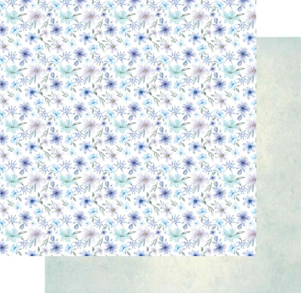 Heart & Soul Choose Joy 12x12 paper showing a dense blue and lavender floral pattern with a pale textured reverse.