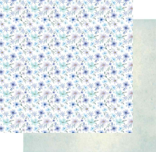 Heart & Soul Choose Joy 12x12 paper showing a dense blue and lavender floral pattern with a pale textured reverse.