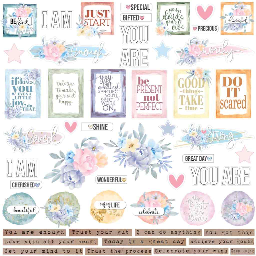 Front of Uniquely Creative Heart & Soul Good Advice 12x12 paper with floral quote panels, uplifting words, labels, hearts, stars and cut-apart phrase strips.