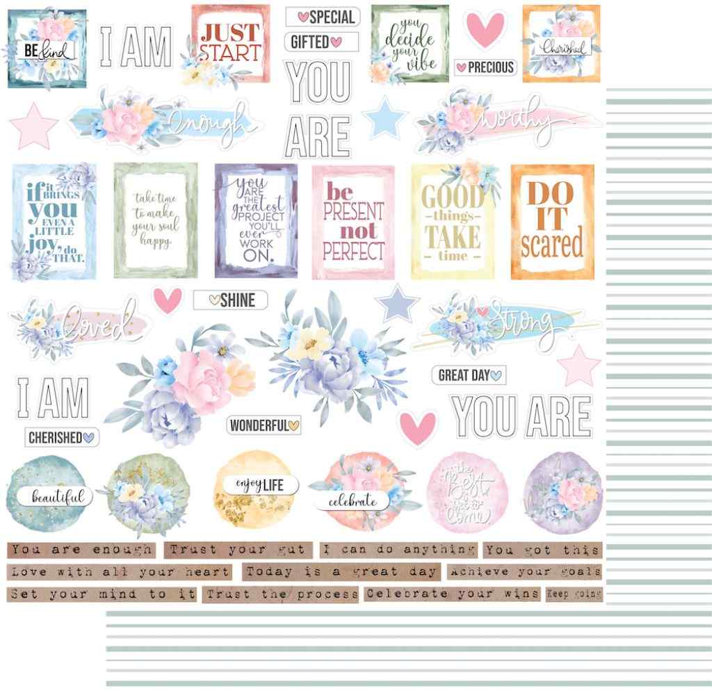 Heart & Soul Good Advice 12x12 paper showing pastel floral quote panels, words, labels, hearts, stars and phrase strips on a white background with a preview of the reverse striped section.