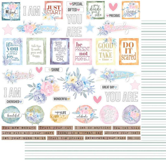 Heart & Soul Good Advice 12x12 paper showing pastel floral quote panels, words, labels, hearts, stars and phrase strips on a white background with a preview of the reverse striped section.