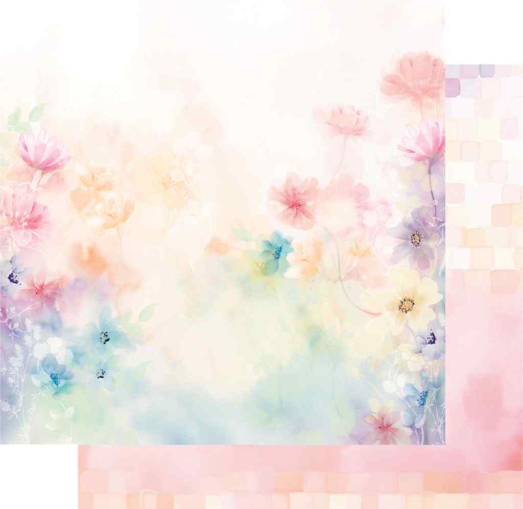 Heart & Soul Good Day 12x12 paper with a soft pastel floral design, pale blue-green and pink watercolour background, and a glimpse of the reverse pale checked section at the right.