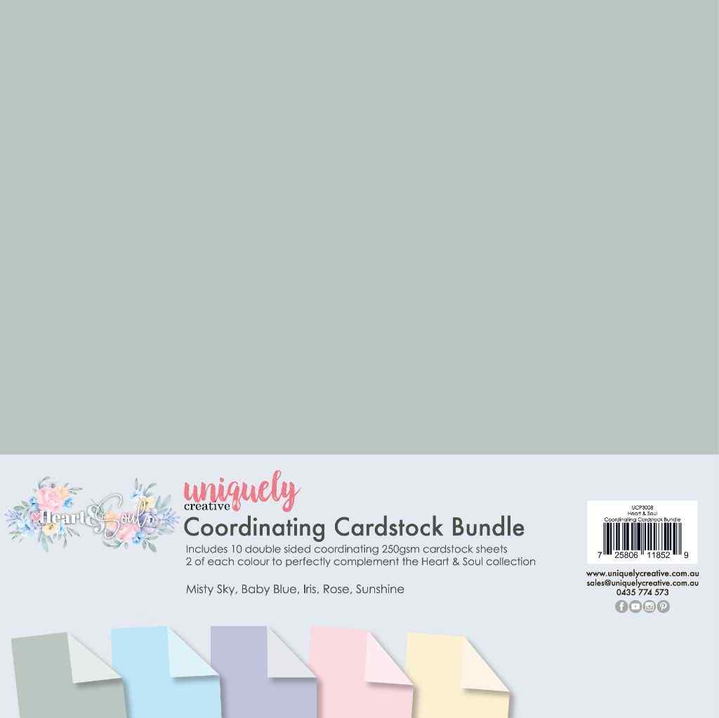 Uniquely Creative Heart & Soul Coordinating Cardstock Bundle with 10 double-sided 250gsm sheets in Misty Sky, Baby Blue, Iris, Rose and Sunshine, shown with lighter-toned reverse sides.
