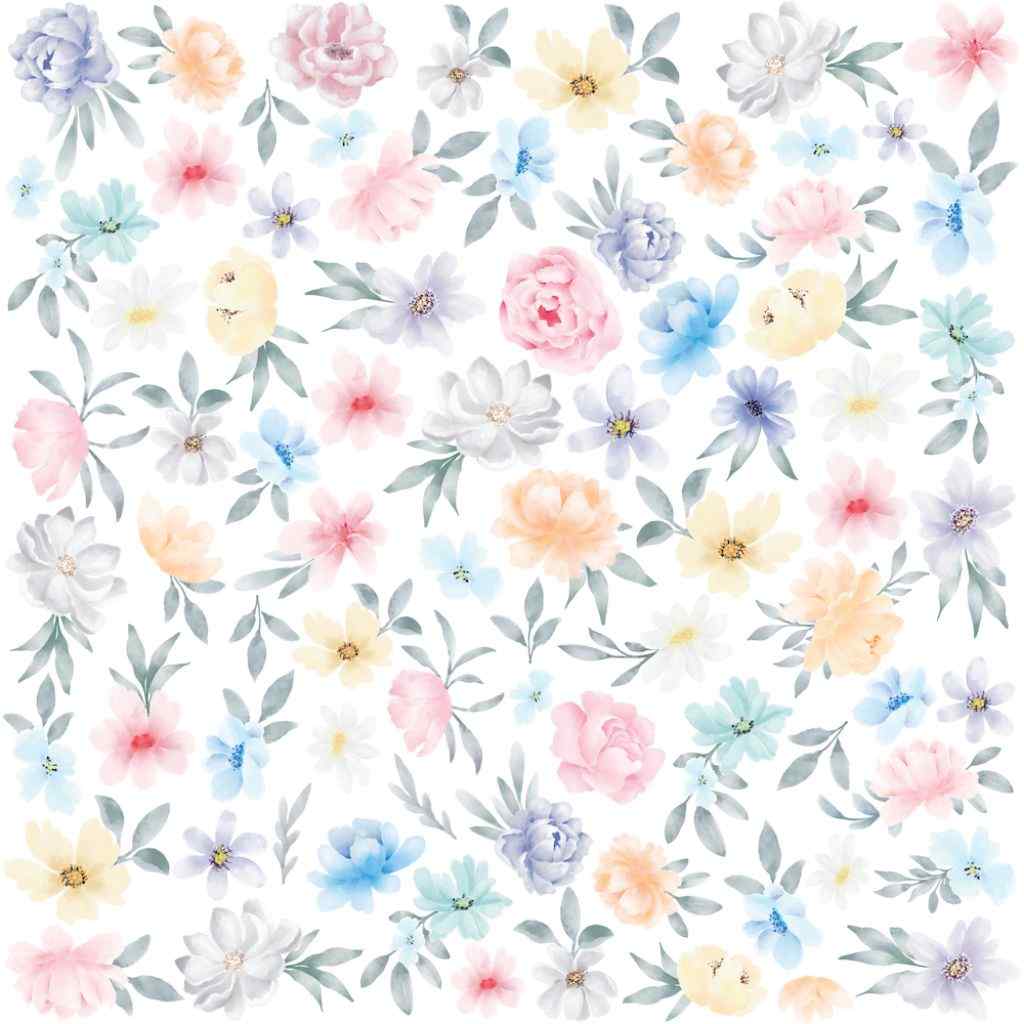 Front of Uniquely Creative Heart & Soul Just Start 12x12 paper with a full sheet of soft pastel flowers and grey-green foliage on white.