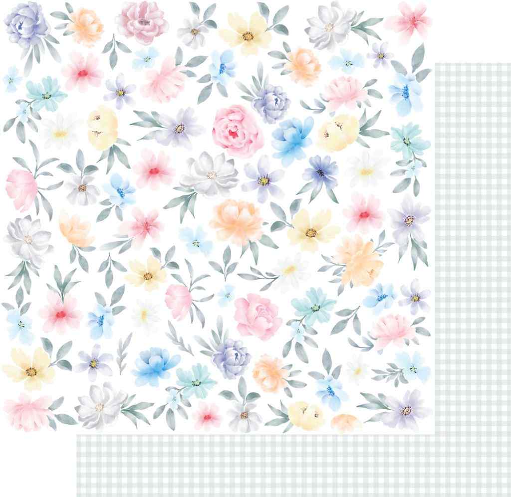 Heart & Soul Just Start 12x12 scrapbook paper with a soft pastel floral design and pale gingham pattern on reverse. 