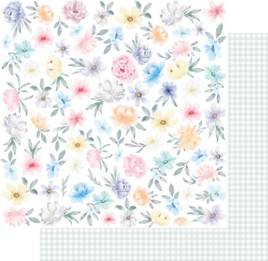 Heart & Soul Just Start 12x12 scrapbook paper with a soft pastel floral design and pale gingham pattern on reverse. 