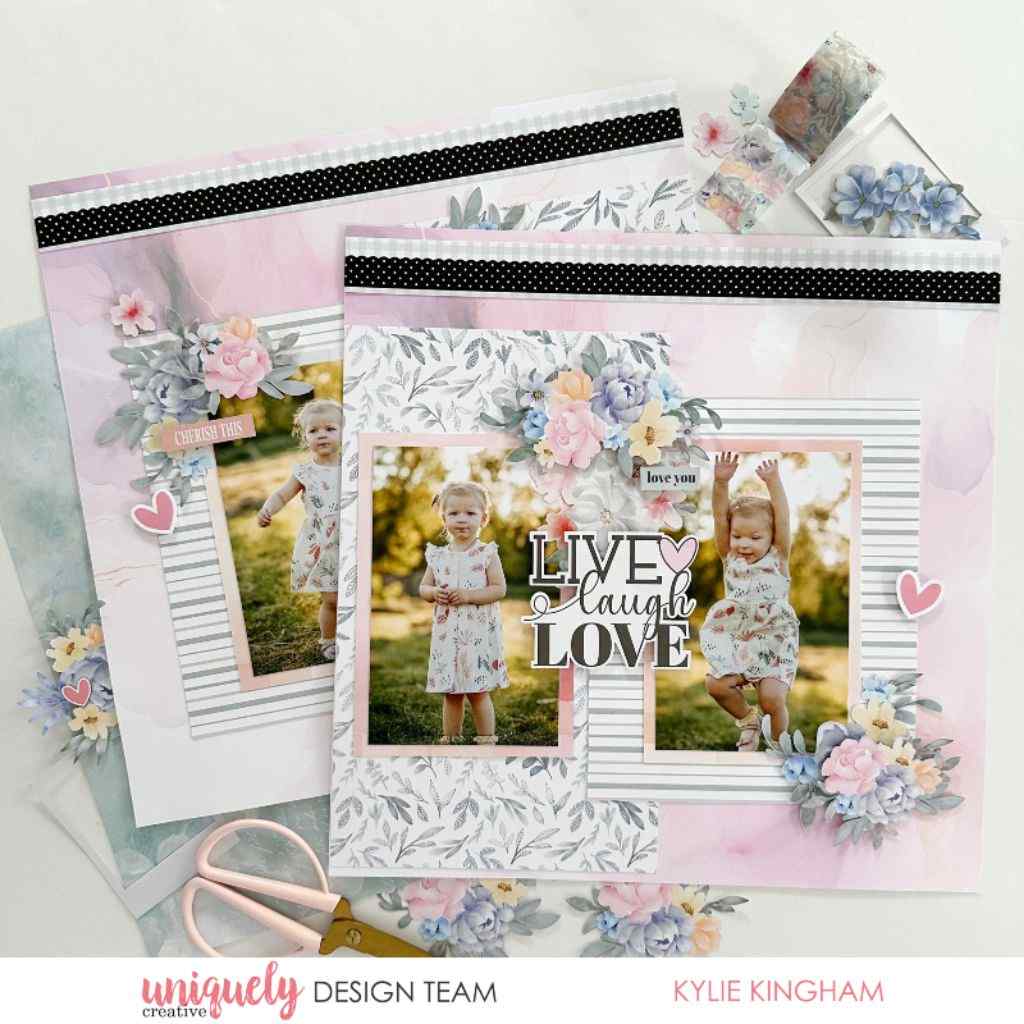Scrapbook layout sample featuring two photos of children, floral embellishments, striped paper layers, pink hearts and “Live Laugh Love” lettering.