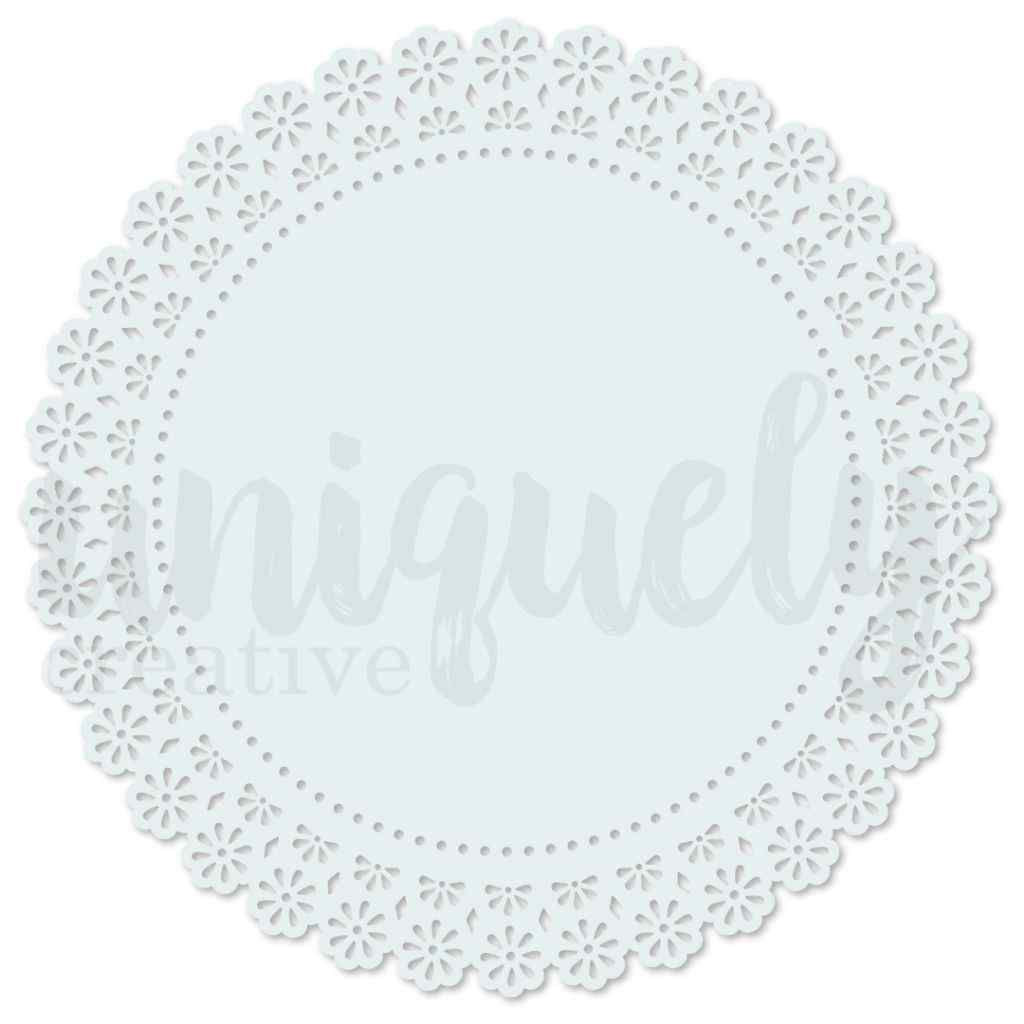 Light blue circular decorative base layer with an intricate blue floral lace-style edge and dotted inner border.