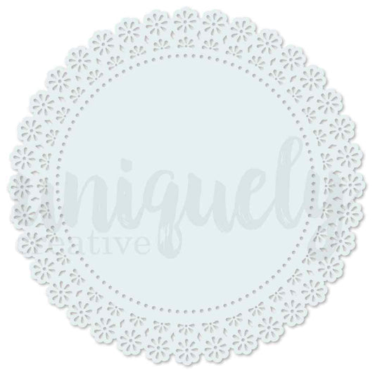 Light blue circular decorative base layer with an intricate blue floral lace-style edge and dotted inner border.