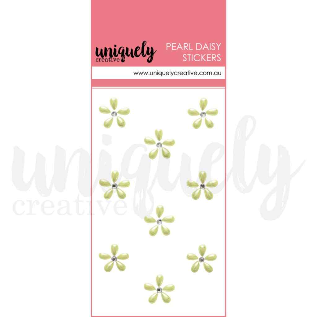 Uniquely Creative Pearl Daisy Stickers in green, showing nine small pale-green five-petal flower stickers with rhinestone centres on a white card with a pink header.