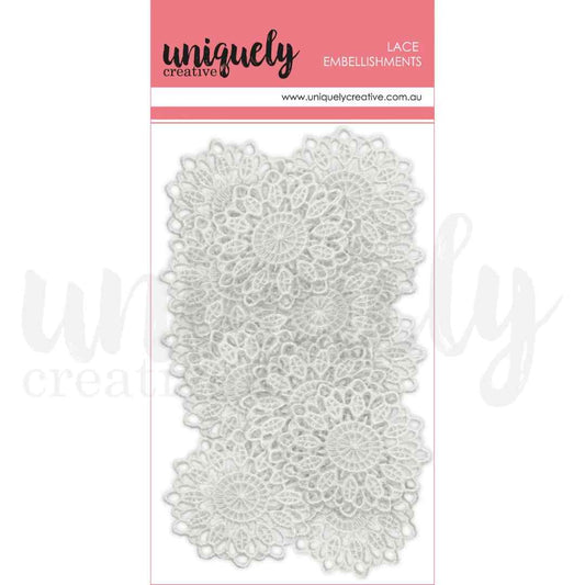 Uniquely Creative Lace Doilies pack showing 15 white lace doily embellishments