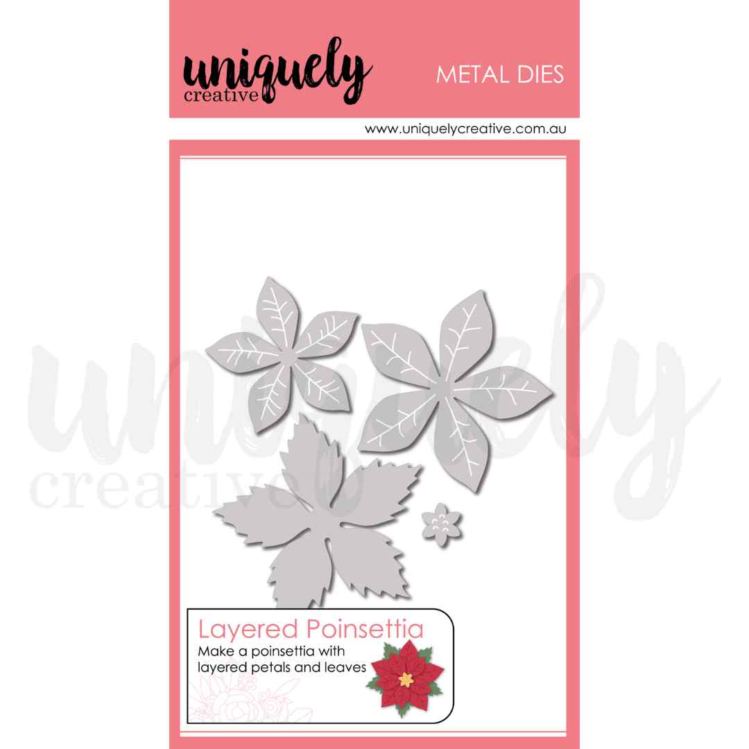 Uniquely Creative Layered Poinsettia metal die set on pink packaging, showing petal and leaf shapes with a small flower centre and a red poinsettia example.