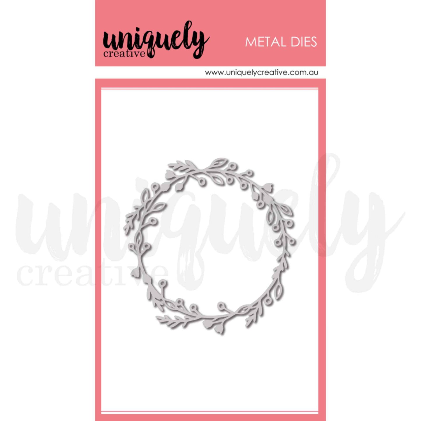 Uniquely Creative Leafy Wreath Die, a single open circular metal cutting die featuring a delicate wreath of leaves and small berries, approximately 3½" × 3½"