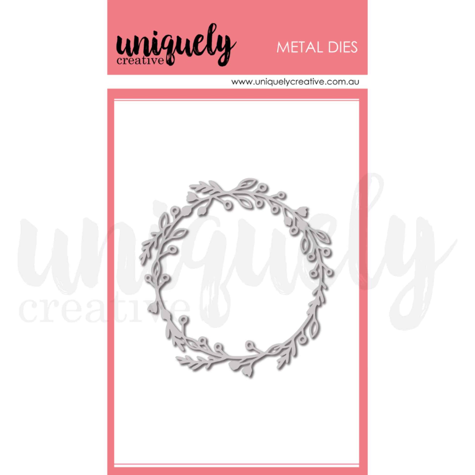 Uniquely Creative Leafy Wreath Die, a single open circular metal cutting die featuring a delicate wreath of leaves and small berries, approximately 3½" × 3½"