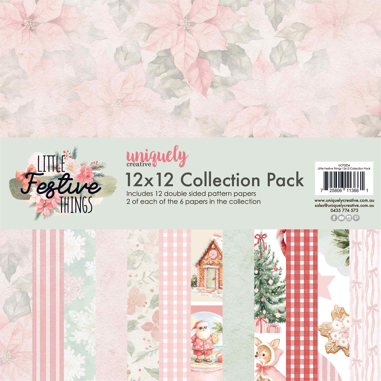 Uniquely Creative Little Festive Things 12x12 Collection Pack showing 12 double-sided pattern papers with pink poinsettias, gingham, gingerbread house, beach Santa, and fawn designs