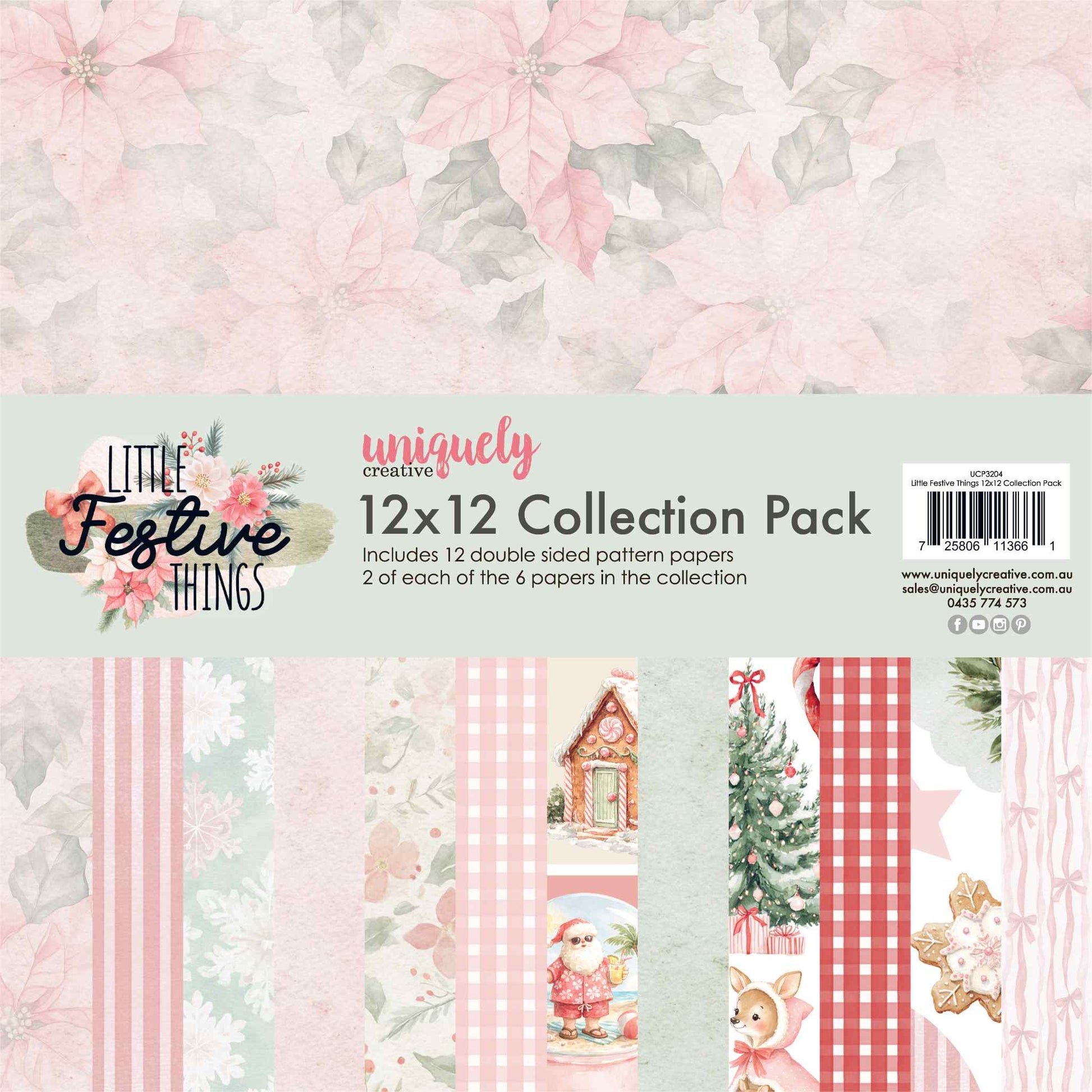 Uniquely Creative Little Festive Things 12x12 Collection Pack showing 12 double-sided pattern papers with pink poinsettias, gingham, gingerbread house, beach Santa, and fawn designs