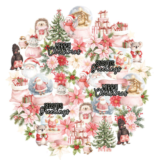 Uniquely Creative Little Festive Things Card Making Creative Cuts featuring watercolour Christmas characters including Santa, koalas, hedgehogs, a black cockatoo, mice, snow globes, poinsettias, and festive sentiments in pink and red tones 