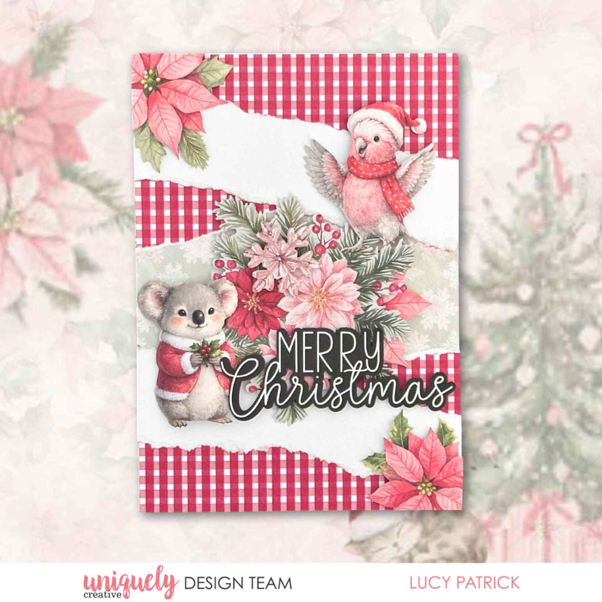Handmade Christmas card featuring Uniquely Creative Little Festive Things creative cuts with a koala in a Santa suit, pink galah in a Santa hat, poinsettias, and Merry Christmas sentiment on red gingham paper