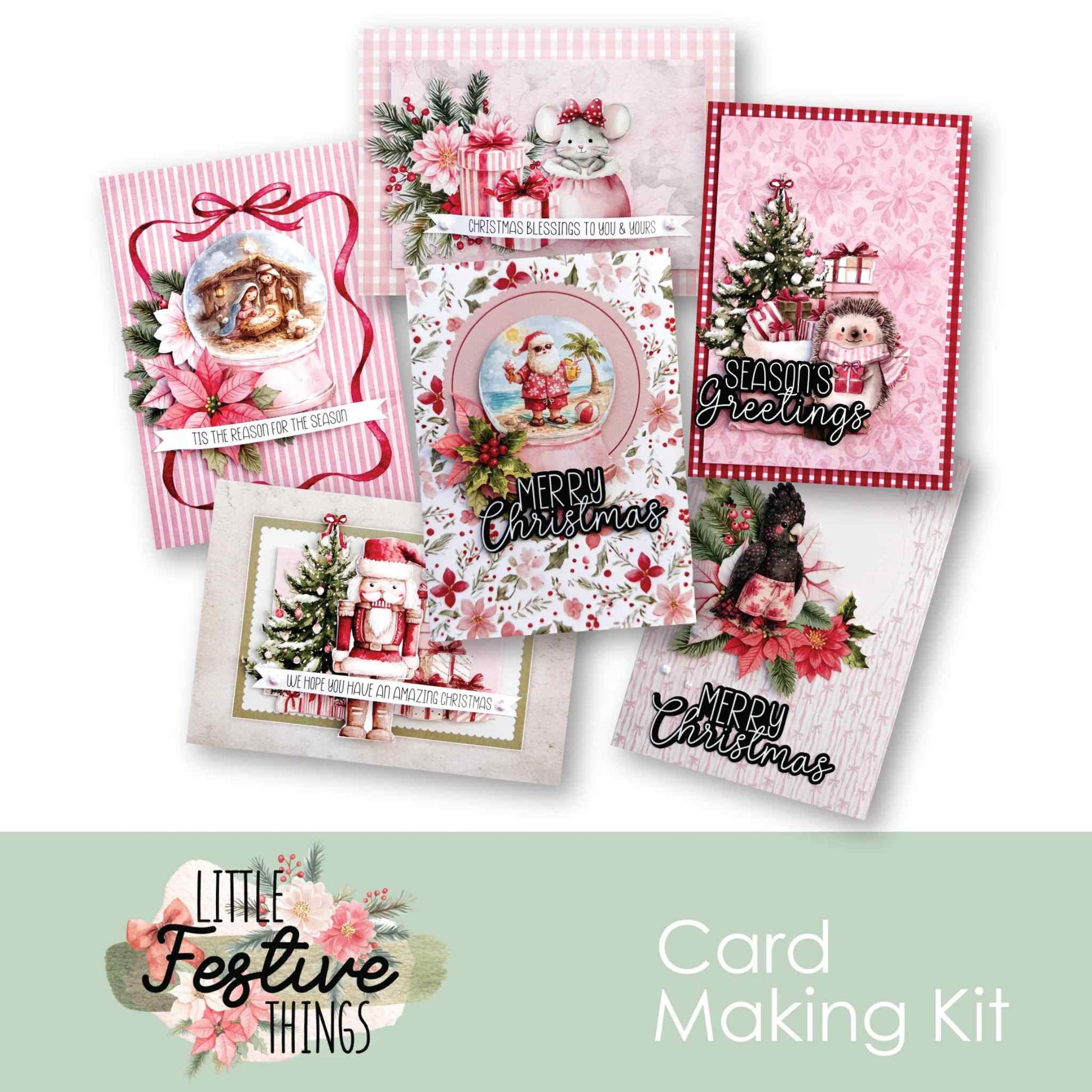 Uniquely Creative Little Festive Things Card Making Kit showing six completed Christmas cards in pink and red tones