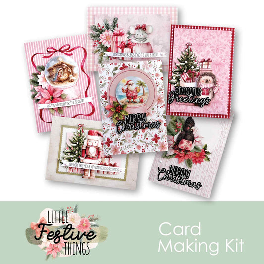 Uniquely Creative Little Festive Things Card Making Kit showing six completed Christmas cards in pink and red tones