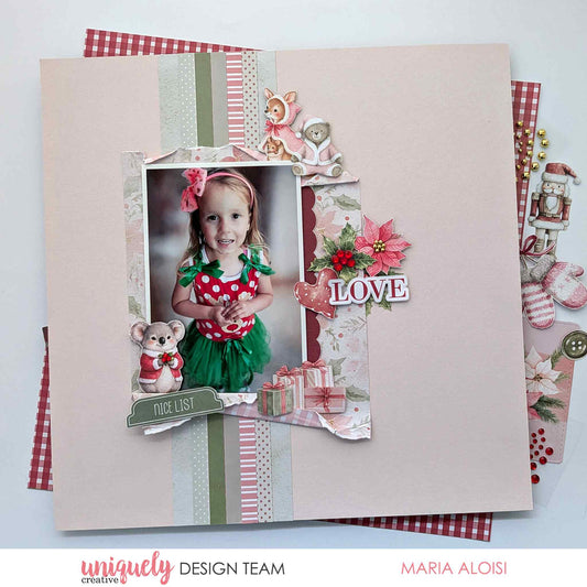 Christmas scrapbook layout using Uniquely Creative Little Festive Things 12x12 papers featuring a girl's photo, koala die-cut, poinsettia cluster, pink gingham and stripe papers, and Love title