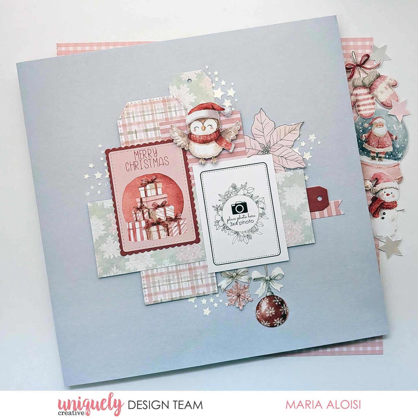 Christmas scrapbook layout using Uniquely Creative Little Festive Things 12x12 papers with a festive owl die-cut, Merry Christmas card, pink gingham and plaid papers, and snowflake embellishments