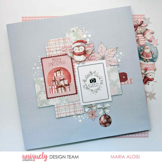 Christmas scrapbook layout using Uniquely Creative Little Festive Things 12x12 papers with a festive owl die-cut, Merry Christmas card, pink gingham and plaid papers, and snowflake embellishments