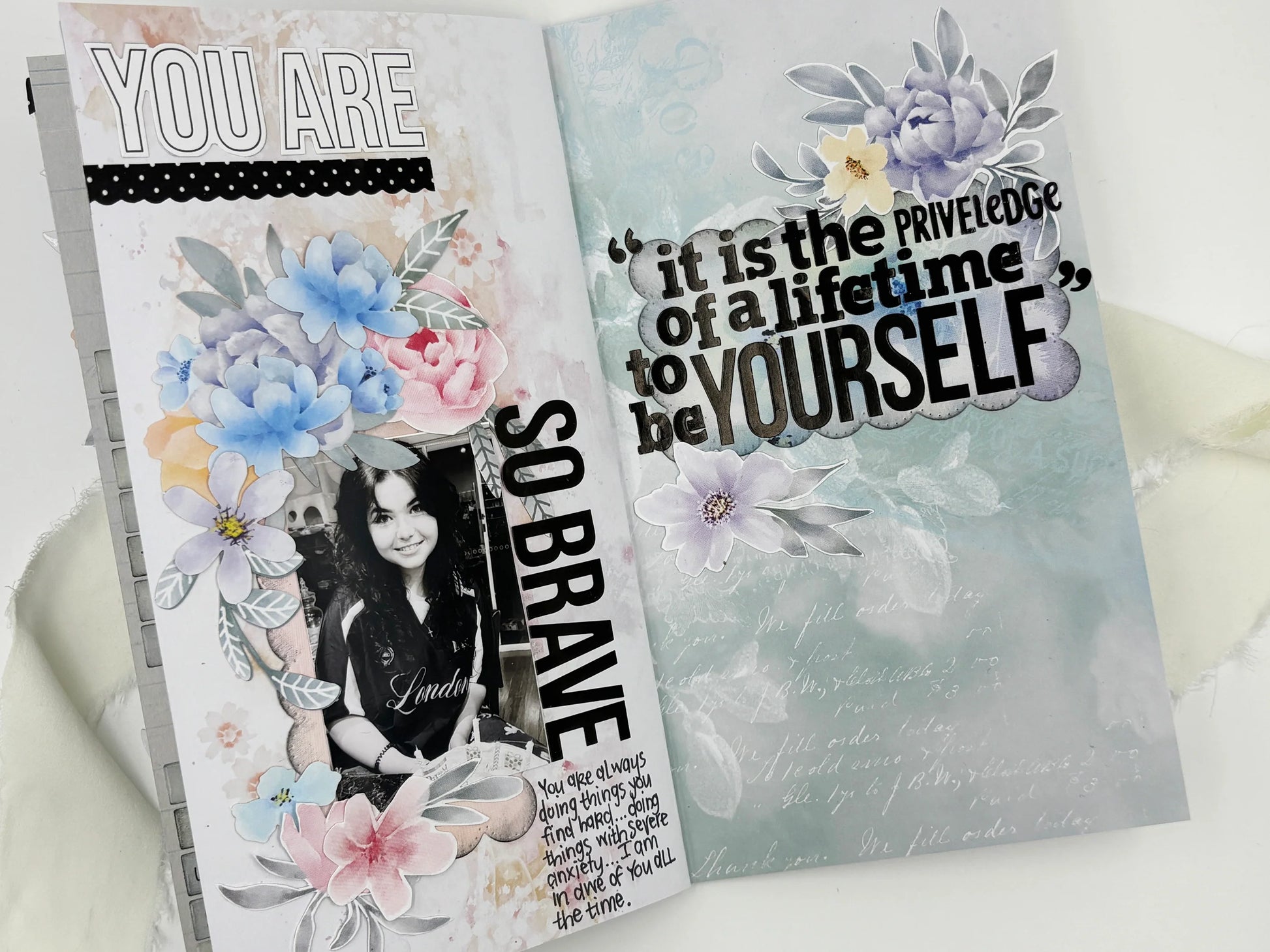 Uniquely Creative Alpha Stickers Lowercase Black spelling "SO BRAVE" and "be YOURSELF" on an art journal spread by Uniquely Creative Kit Club designer 