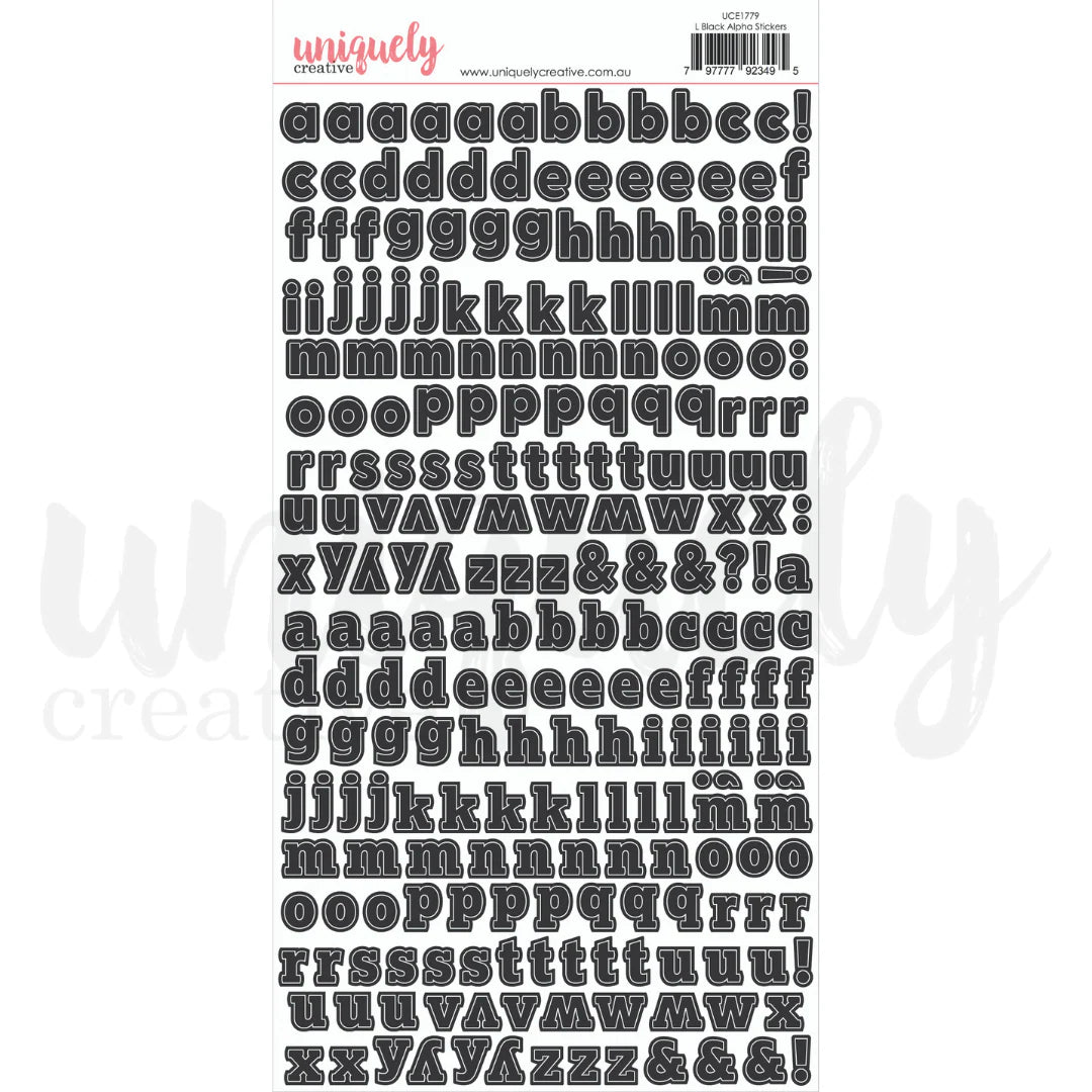 Uniquely Creative Alpha Stickers Lowercase Black — two font styles of a–z letters and punctuation, approx. ½" high for scrapbooking and card making 