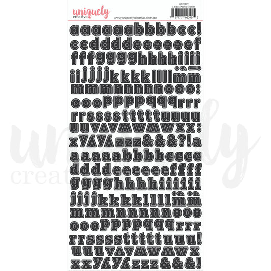 Uniquely Creative Alpha Stickers Lowercase Black — two font styles of a–z letters and punctuation, approx. ½" high for scrapbooking and card making 