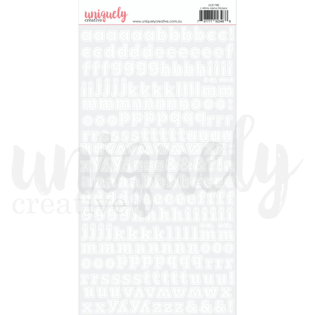 Uniquely Creative Alpha Stickers Lowercase White — a–z letter sticker sheet approx. ½" high for scrapbooking and card making 