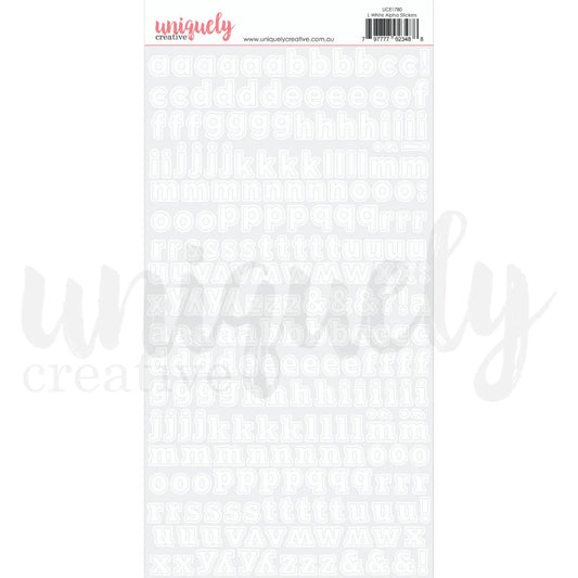 Uniquely Creative Alpha Stickers Lowercase White — a–z letter sticker sheet approx. ½" high for scrapbooking and card making 