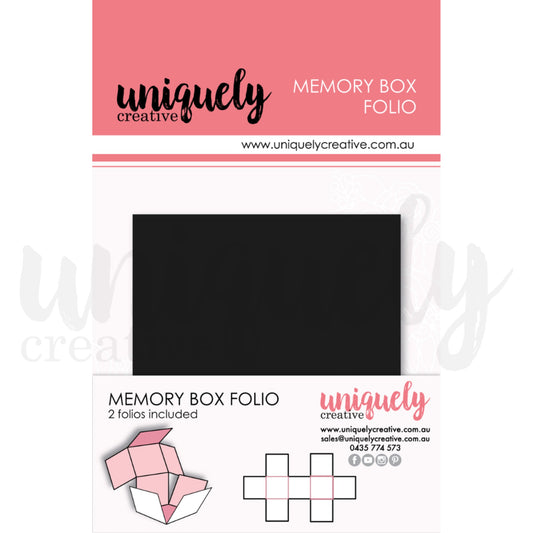 Black Memory Box Folio die-cut template showing flat layout with fold lines and assembly diagram, includes 2 folios for creating cube-shaped photo display boxes