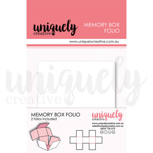 White Memory Box Folio die-cut piece showing flat layout with fold lines and assembly diagram, includes 2 folios for creating cube-shaped photo display boxes