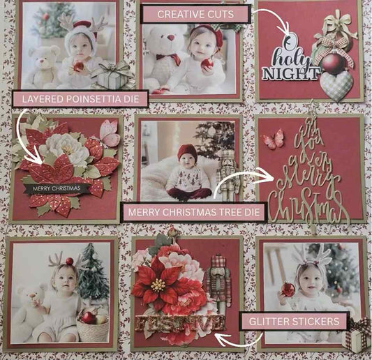 A scrapbook layout of nine Christmas-themed photo frames and decorative paper elements arranged on a patterned background, with text labels such as 'Creative Cuts,' 'Layered Poinsettia Die,' 'Merry Christmas Tree Die,' and 'Glitter Stickers.' 