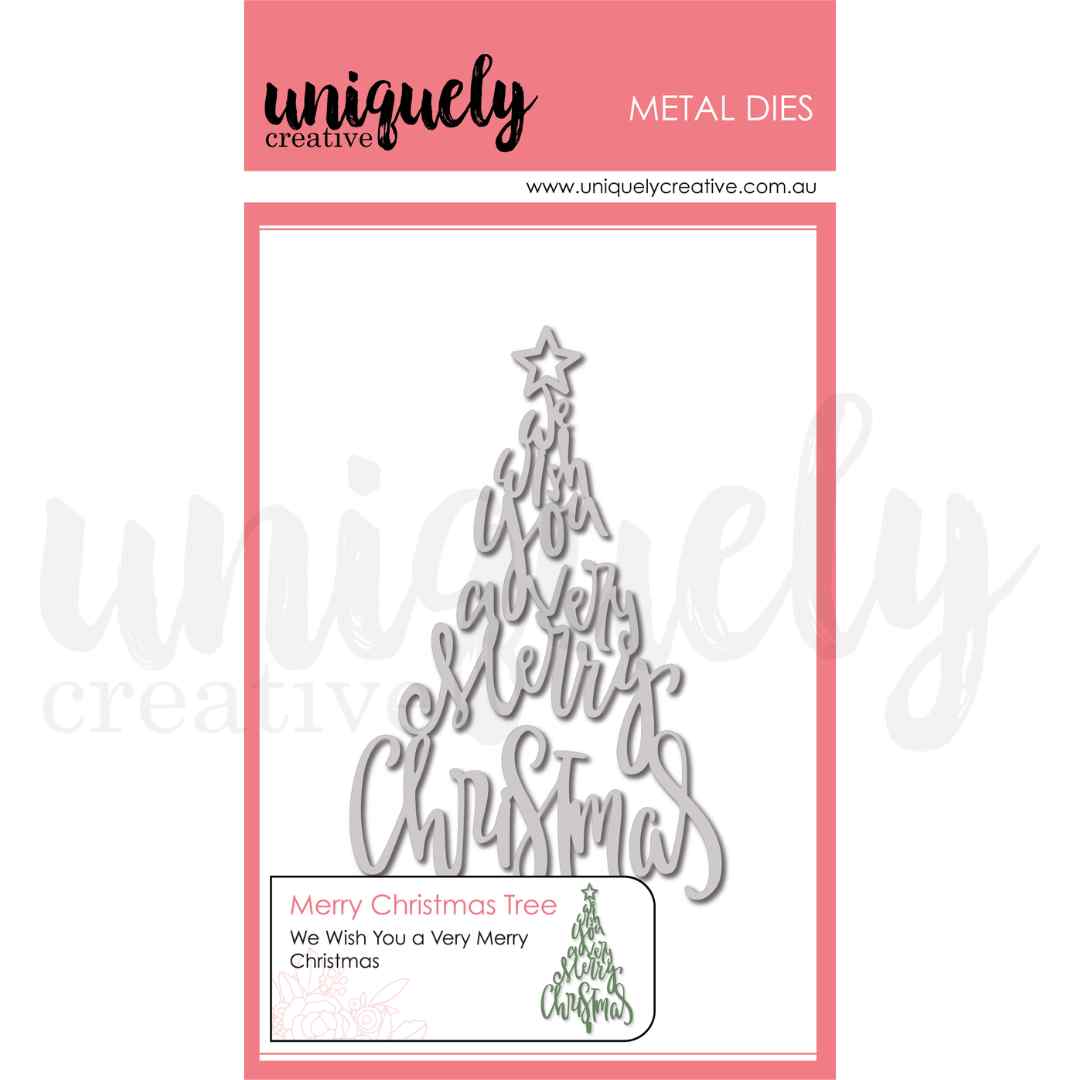 Uniquely Creative Merry Christmas Tree metal die on pink packaging, with flowing words forming a Christmas tree beneath a star and a small green cut-out example.