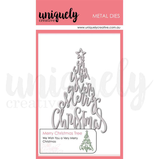 Uniquely Creative Merry Christmas Tree metal die on pink packaging, with flowing words forming a Christmas tree beneath a star and a small green cut-out example.