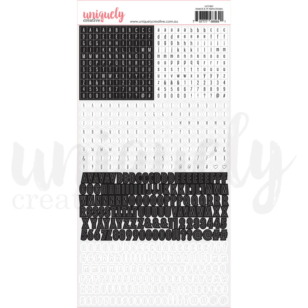 Uniquely Creative Mixed Black and White Alpha Stickers — six alpha styles including squares, circles, uppercase and lowercase letters on one sheet