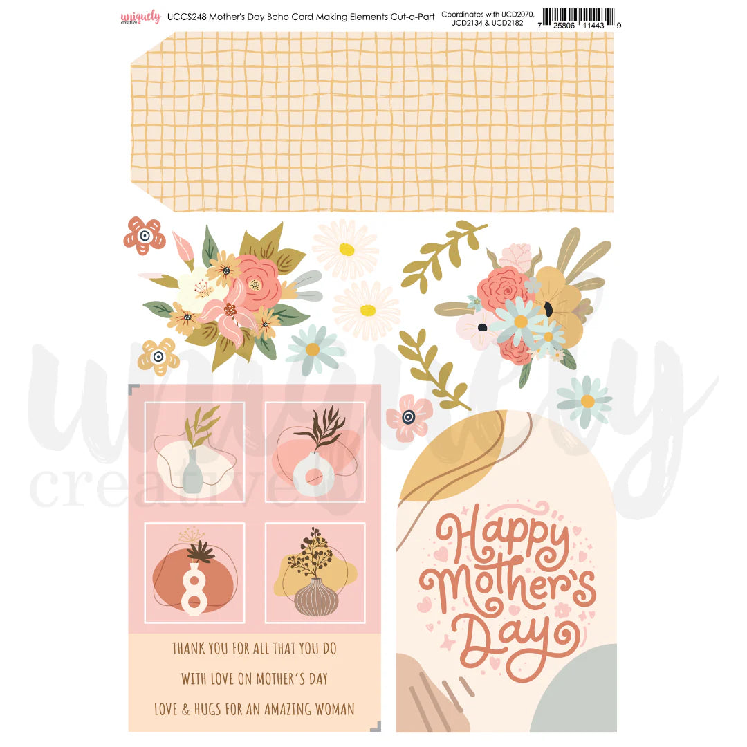 Mother's Day Boho Card Making Elements Cut-a-Part Sheet by Uniquely Creative — A4 200gsm with florals, sentiment panels and vase illustrations in blush, cream and sage tones
