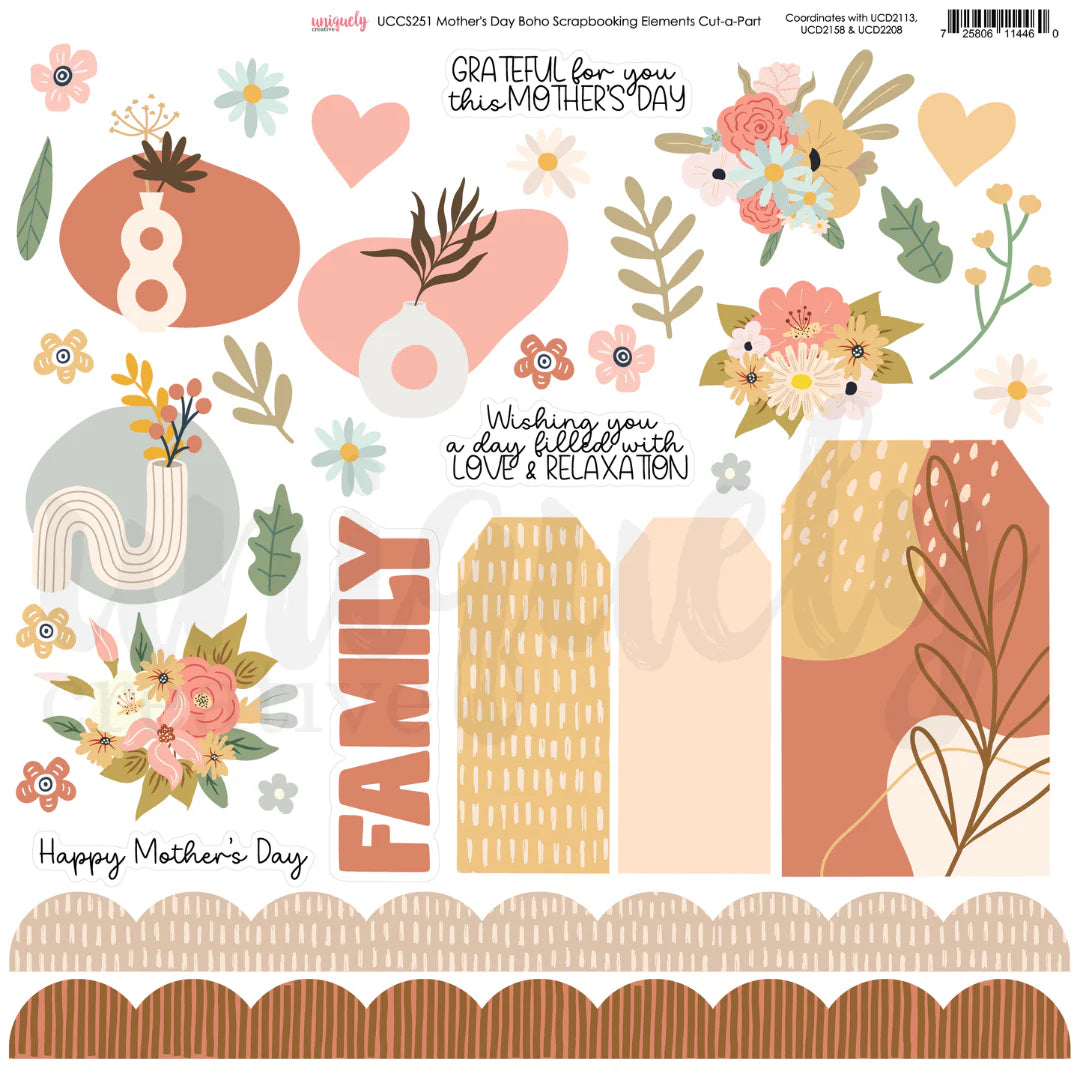 Mother's Day Boho Scrapbooking Elements Cut-a-Part Sheet by Uniquely Creative — 12×12" 250gsm with floral clusters, vase illustrations, sentiment titles, tag panels and scallop borders in blush, terracotta, sage and golden cream tones