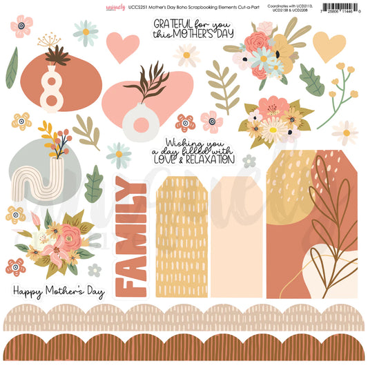 Mother's Day Boho Scrapbooking Elements Cut-a-Part Sheet by Uniquely Creative — 12×12" 250gsm with floral clusters, vase illustrations, sentiment titles, tag panels and scallop borders in blush, terracotta, sage and golden cream tones