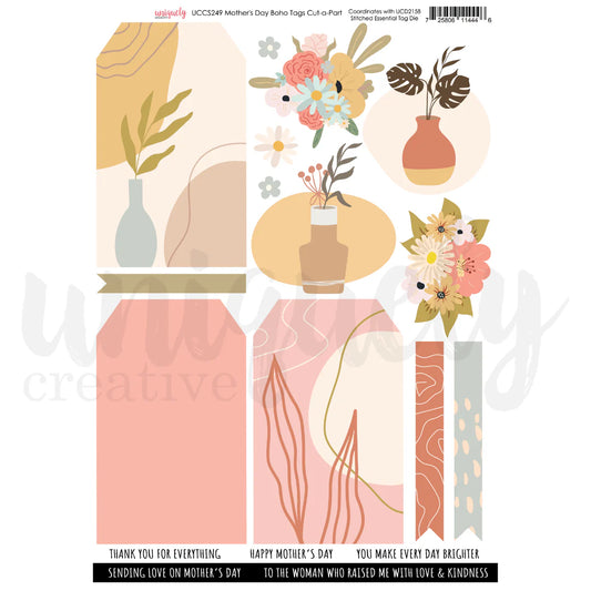 Mother's Day Boho Tags Cut-a-Part Sheet by Uniquely Creative — A4 200gsm with gift tags, floral arrangements, vase illustrations and sentiment strips in blush pink, sage green and warm cream tones