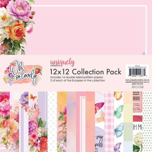 Uniquely Creative Oh So Lovely 12x12 Collection Pack showing the pack cover with Oh Sweetie paper on top and a fan of all 8 double-sided papers in the collection below