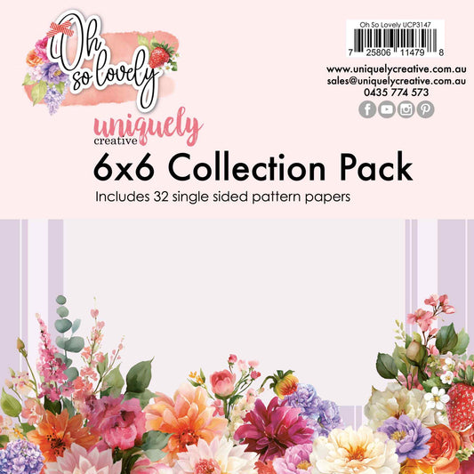 Uniquely Creative Oh So Lovely 6x6 Collection Pack showing the pack cover with the Oh So Lovely logo and a lush watercolour floral border of peonies, dahlias, roses, hydrangeas, lavender and strawberry along the bottom