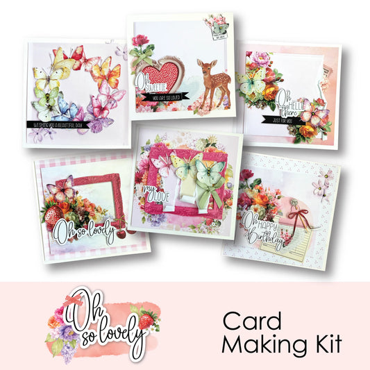 Six completed handmade cards from the Uniquely Creative Oh So Lovely Card Making Kit, featuring soft floral designs, butterflies, and pastel pinks and greens