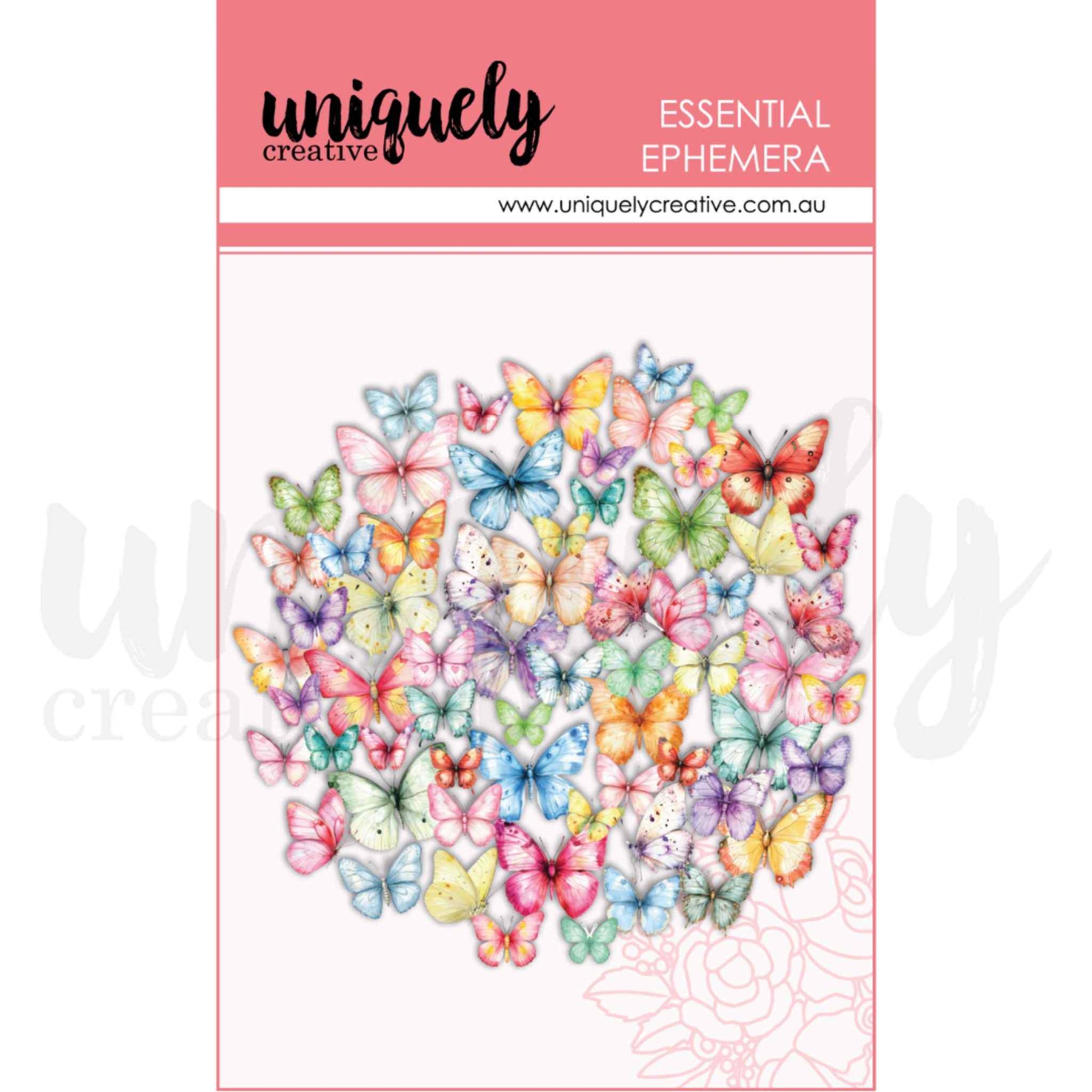 Uniquely Creative Oh So Lovely Colourful Butterflies Ephemera pack showing a large cluster of pre-cut watercolour butterfly die cuts in a full rainbow of colours including pink, blue, green, yellow, orange, purple, red and teal in various sizes and wing styles