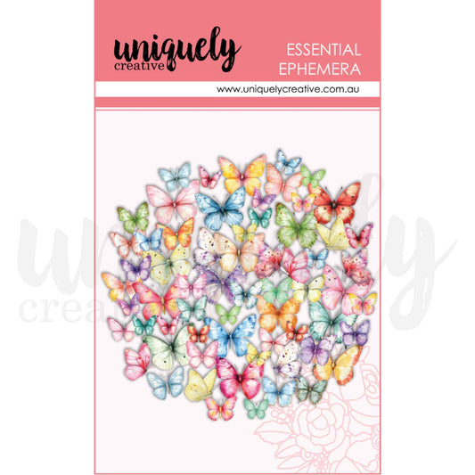 Uniquely Creative Oh So Lovely Colourful Butterflies Ephemera pack showing a large cluster of pre-cut watercolour butterfly die cuts in a full rainbow of colours including pink, blue, green, yellow, orange, purple, red and teal in various sizes and wing styles