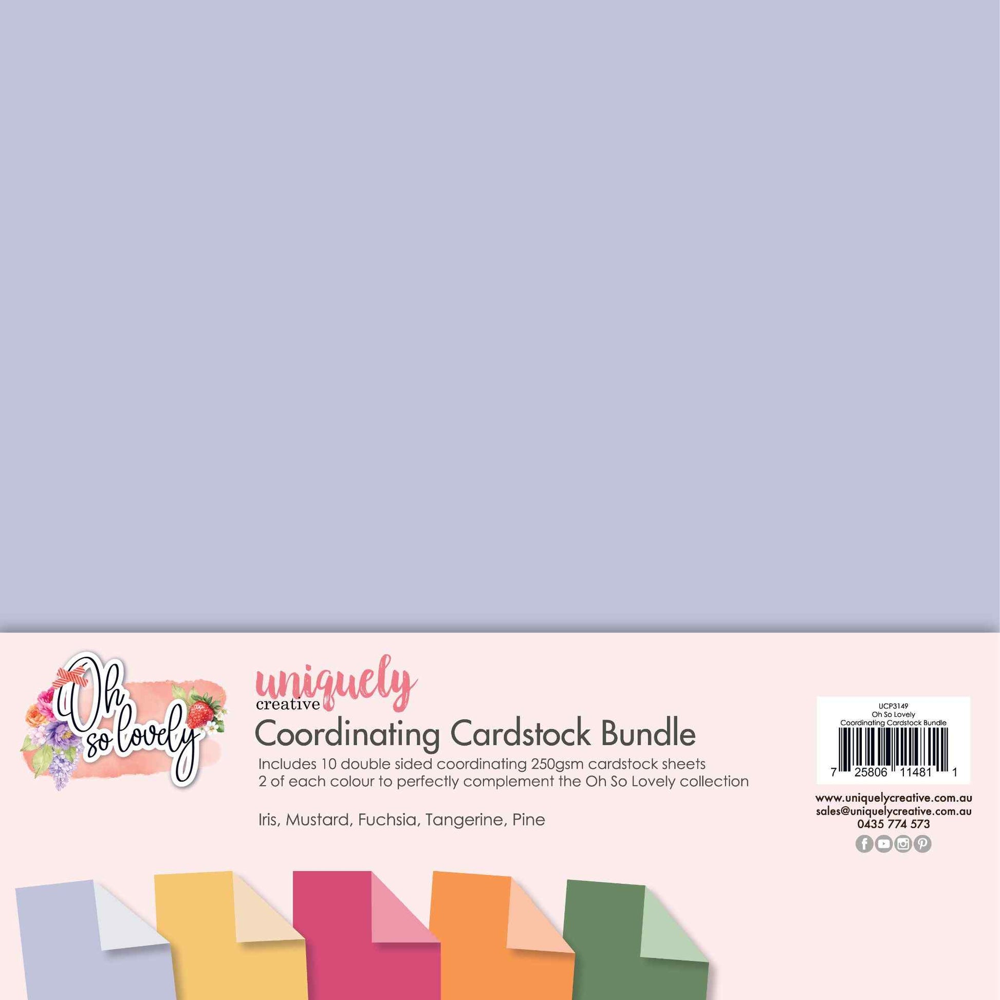 Uniquely Creative Oh So Lovely Coordinating Cardstock Bundle showing 10 double-sided 250gsm sheets in Iris, Mustard, Fuchsia, Tangerine and Pine with lighter tonal reverses, fanned out against the pack cover